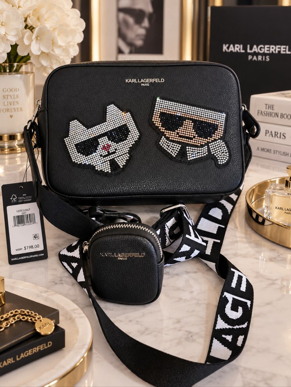 KARL LAGERFELD Maybelle Rhinestone Duo Camera Crossbody Bag NWT